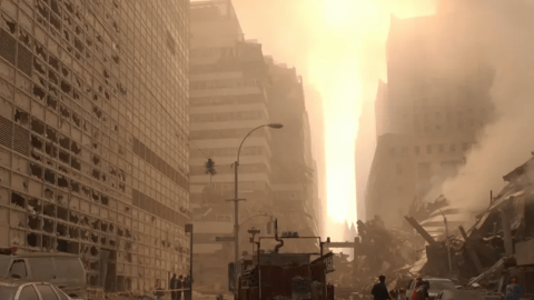 Wreckage litters the streets surrounding the World Trade Center on Sept. 13, 2001.