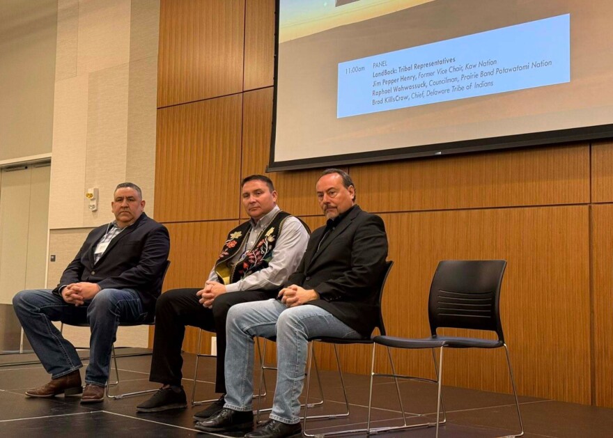 Tribal representatives sit for a panel at KU's Great Plains LandBack Leadership Summit. From left to right: Brad KillsCrow, the chief of the Delaware Tribe of Indians, Raphael Wahwassuck, a councilman for the Prairie Band Potawatomi Nation, and Jim Pepper Henry, the former vice chair of the Kaw Nation.