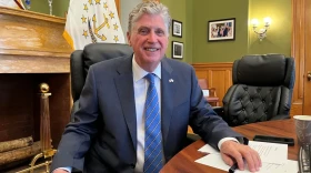 Gov. Dan McKee at his office in the Rhode Island Statehouse.