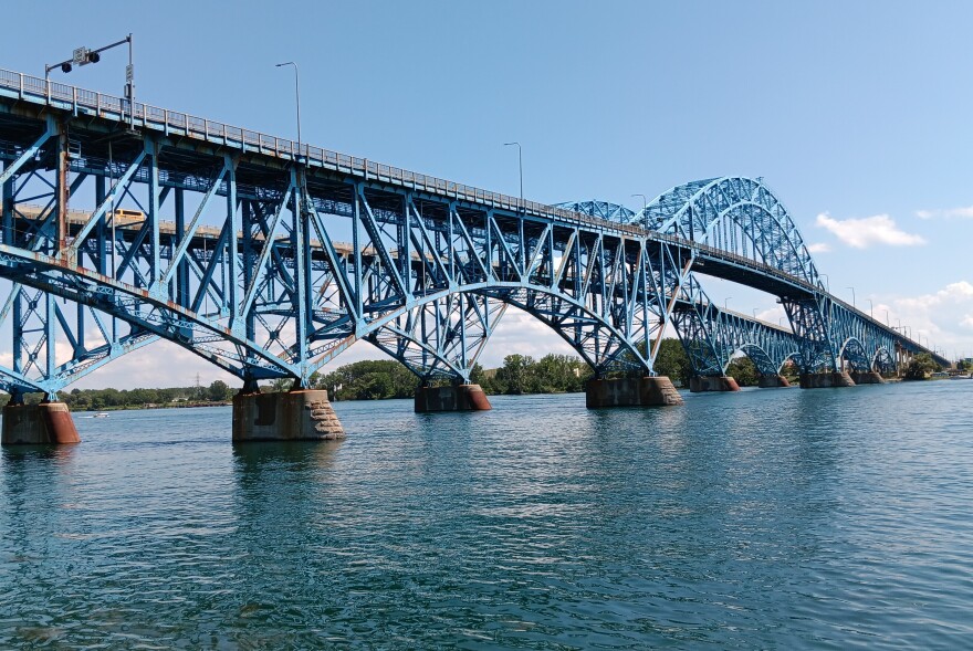 A view of the South Grand Island Bridges from Grand Island, NY. The Town of Tonawanda is seen on the far side.