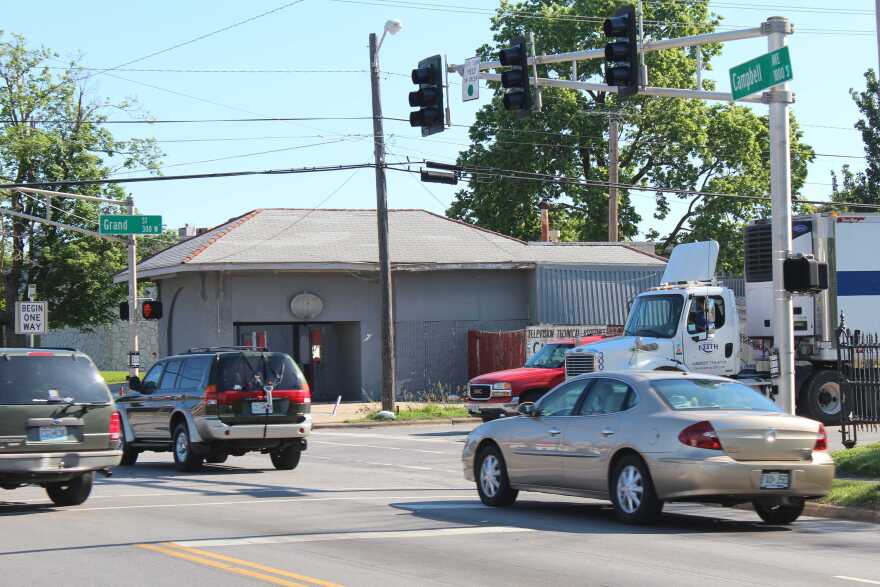 Traffic in the intersection at Grand and Campbell, the proposed site of the new Walmart. Credit-Shane Franklin