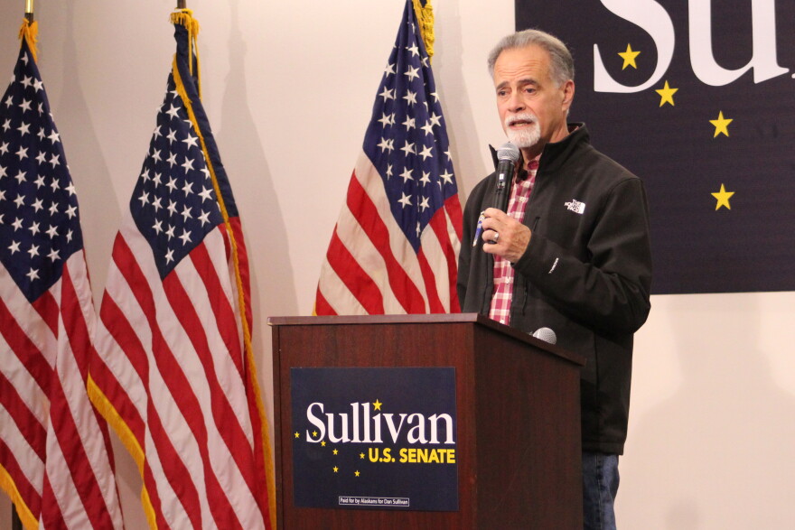 Kenai Peninsula Borough Mayor Peter Micciche speaks in support of U.S. Sen. Dan Sullivan during a political rally on Saturday, Oct. 17, 2026 in Kenai, Alaska.
