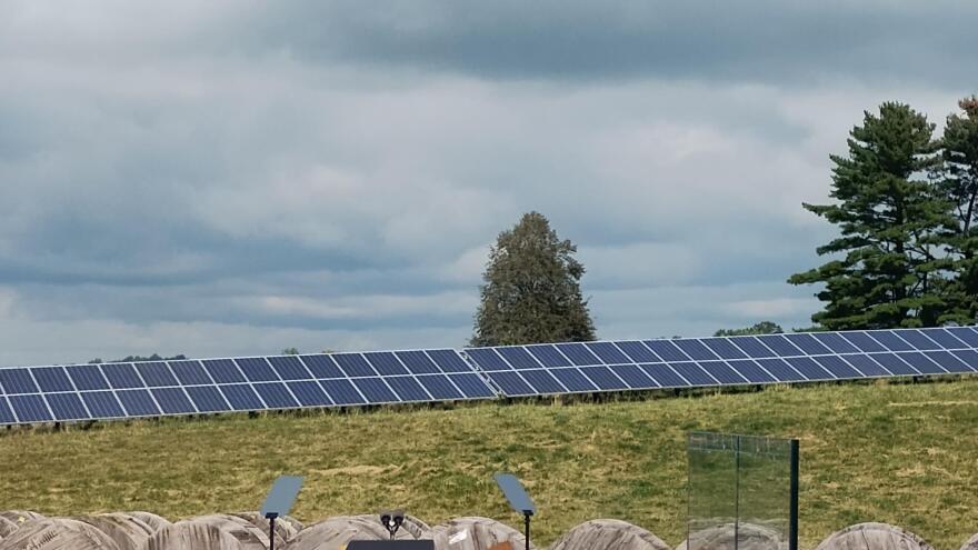 Solar panels at Vernon Electric Cooperative in Westby served as the backdrop for the Biden event.