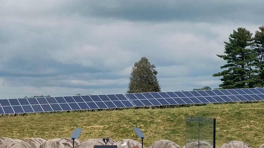 Solar panels at Vernon Electric Cooperative in Westby provided the backdrop for Biden's event.