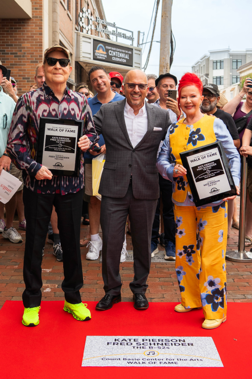 Fred Schneider (left) and Kate Pierson of the B-52s join Adam Philipson, President and CEO of the Count Basie Center for the Arts on Friday, July 10, 2026.