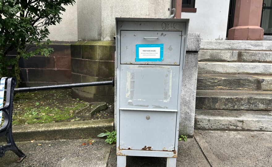 A ballot drop box in front of Northampton City Hall