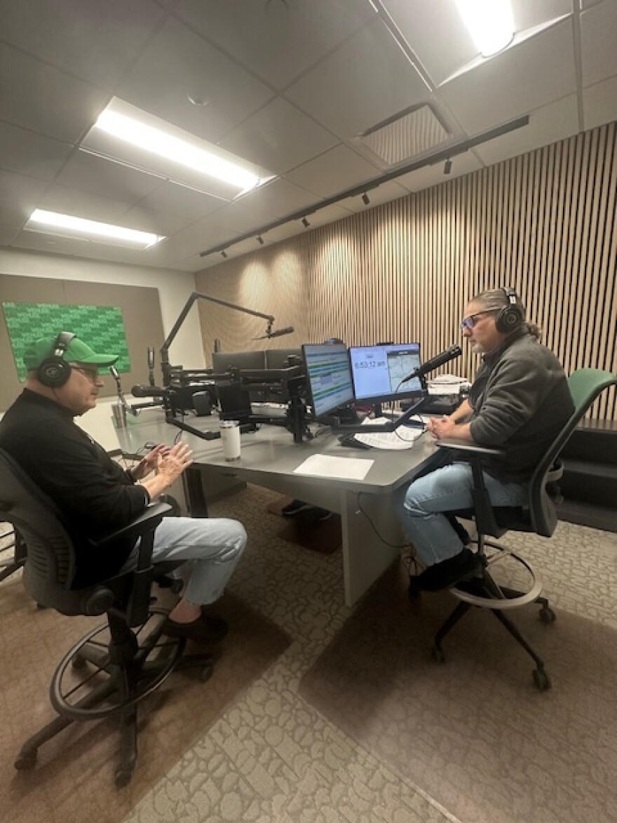 WEMU's David Fair and EMU President Dr. James Smith at the Timko Broadcast Center.