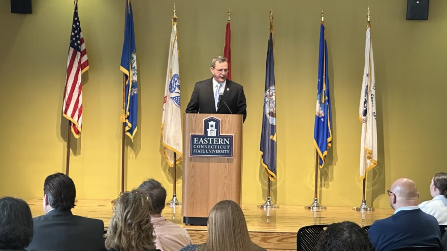 Retired Command Sergeant Major John Carragher gives his keynote address at the Eastern University annual Veterans Day Ceremony