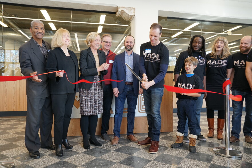 Jim McKelvey cuts the ribbon to open a new makerspace called MADE.