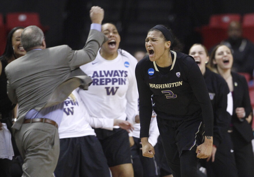 Washington forward Talia Walton reacts after hitting a three-pointer in the second half of an NCAA college basketball game against Maryland in the second round of the NCAA tournament, Monday, March 21, 2016.