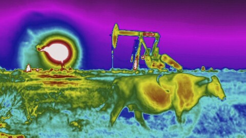 FILE - In this photo made with an Optical Gas Imaging thermal camera, a plume of heat from a flare burning off methane and other hydrocarbons is detected in the background next to an oil pumpjack as a cow walks through a field in the Permian Basin in Jal, N.M., Oct. 14, 2021. (AP Photo/David Goldman, File)