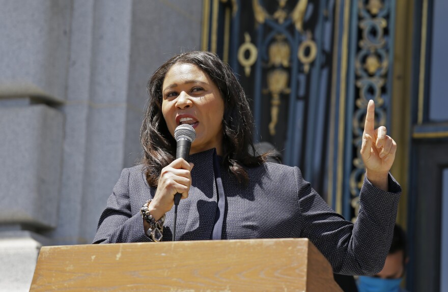 San Francisco Mayor London Breed speaks to a group protesting police racism outside City Hall on June 1. On Friday she announced plans to divert $120 million from the city's police to efforts that address inequities in the Black community.