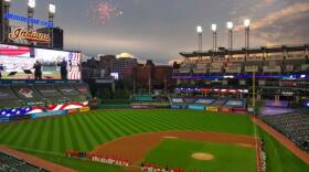 Fireworks fill the sky over Progressive Field during pre-game ceremonies for game one of the Indians Wild Card Series with the Yankees.