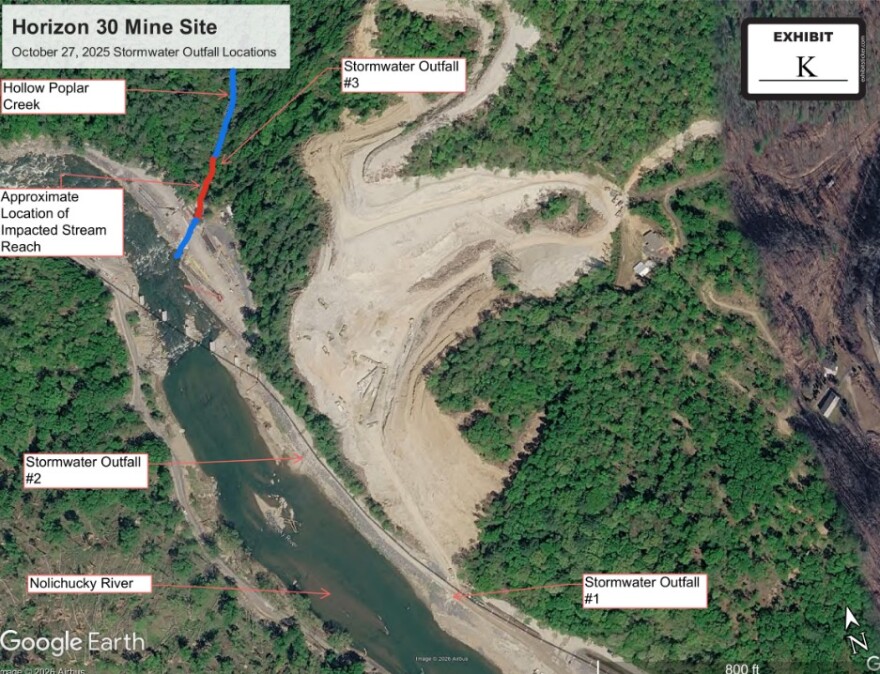 The N.C. Department of Environmental Quality is asking a state Superior Court judge to issue an injunction to force Horizon 30 to comply with its remediation plan. DEQ officials say that the company's unpermitted quarry site, shown in a map here, is polluting the nearby Nolichucky River and Hollow Poplar Creek.