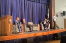 (Left to right) Royce Duplessis, Frank Janusa, Oliver Thomas and Helena Moreno participate in a forum on water and the coast at University of New Orleans. Thomas sings “Happy Birthday” to Moreno as she leaves.
