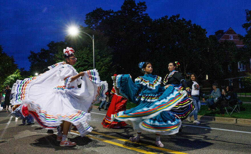 Ballet Maria Luz Folklórico performs in the Michigan State University Homecoming Parade in East Lansing, Mich., on Oct. 9, 2026.