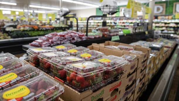 Strawberries are stocked Friday, April 10, 2026, at a grocery store in Beloit, Wisconsin.