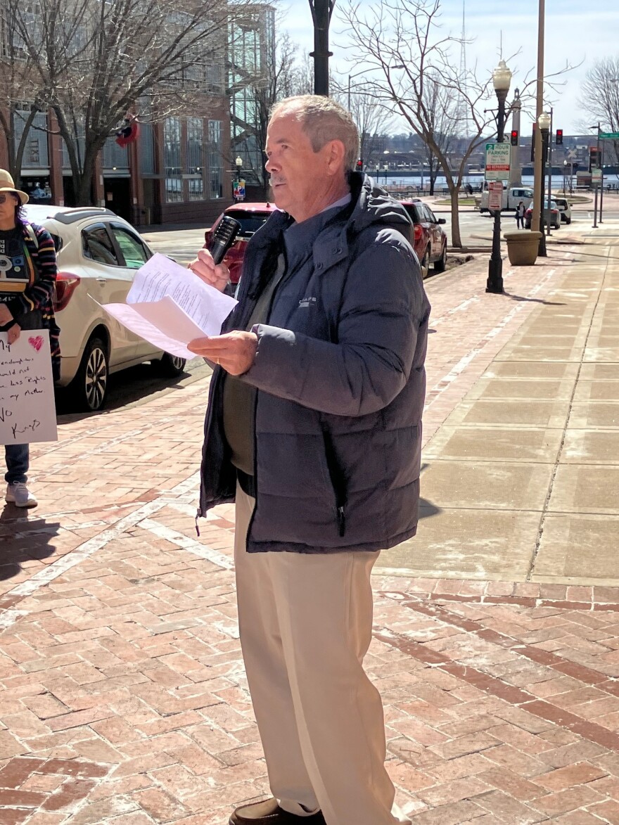 Dr. Francis Kane speaks at the rally in downtown Davenport, on the 16th anniversary of the ACA, March 23, 2026.