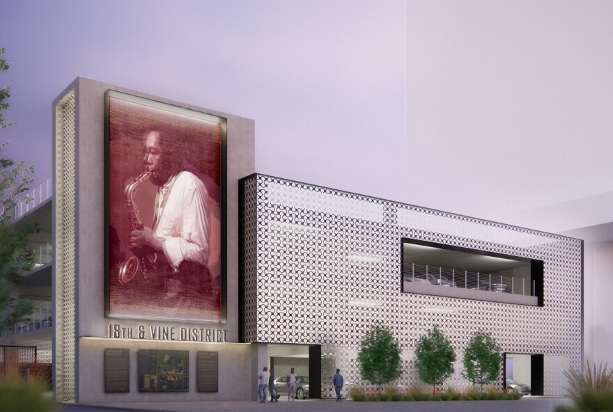An artist’s rendering shows what a signature artwork might look like for the new 18th & Lydia Parking Garage in the historic 18th & Vine District.