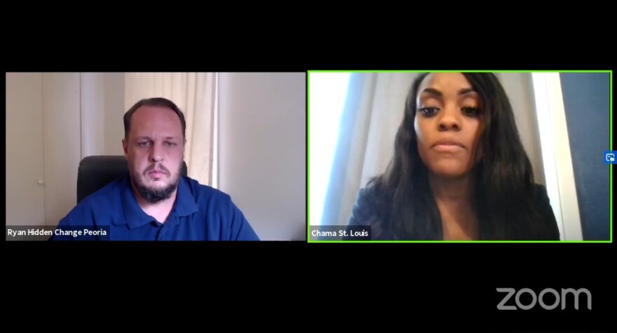 Ryan Hidden, left, executive director of Change Peoria, and Chama St. Louis, Peoria mayoral candidate, hold a virtual press conference over the release of Peoria police disciplinary records.