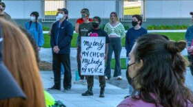 Protestors began chanting "my body my choice" just as members of the House were preparing to vote on a bill that would ban most abortions after 15 weeks. (Patrick Sternad/ WFSU Public Media)