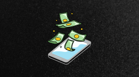 Green banknotes falling in a cellphone against a stark black background, symbolizing the flow of money.