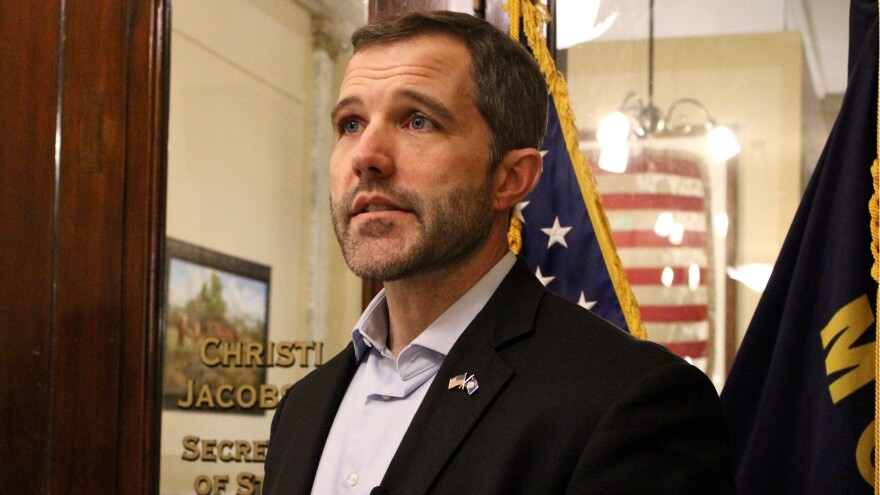 Seth Bodnar outside the Secretary of State's office in the state Capitol, March 4, 2026 after filing his campaign paperwork. Bodnar said he's running for U.S. Senate as an independent because political parties are failing their constituents.