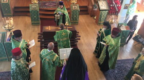Service inside the Holy Resurrection Cathedral on Tuesday. (Photo by Kayla Desroches / KMXT)