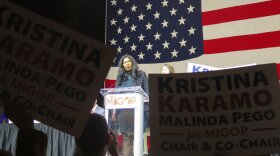 Kristina Karamo speaks to delegates at the Michigan Republican Party convention Saturday, Feb. 18, 2023, in Lansing, Mich., before she defeated nine other candidates to win the party chair position for the next two years. (AP Photo/Joey Cappelletti)