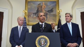 President Obama, flanked by Secretary of State John Kerry (right) and Vice President Joe Biden, announced the Keystone XL pipeline decision Friday in the Roosevelt Room of the White House.