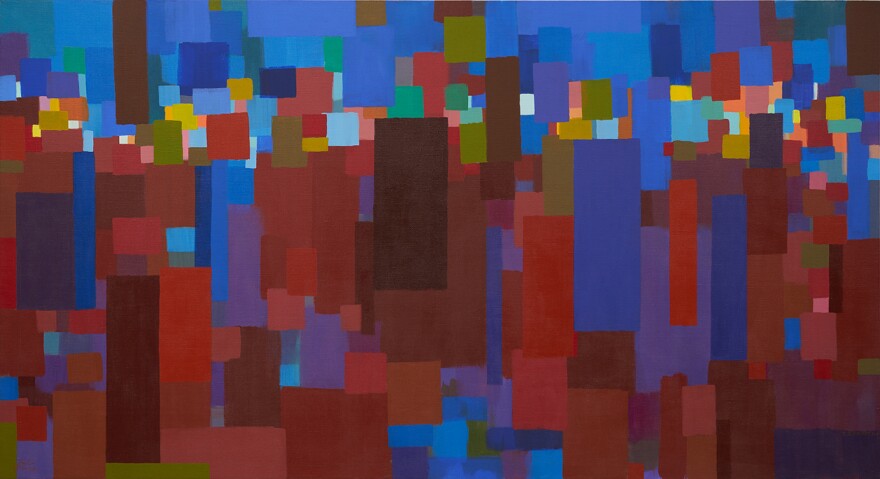 The exhibition would have included Halaby's work from 1963 to 2019. This photos shows Halaby's 2016 "Our Beautiful Land Palestine Stolen in the Night of History."