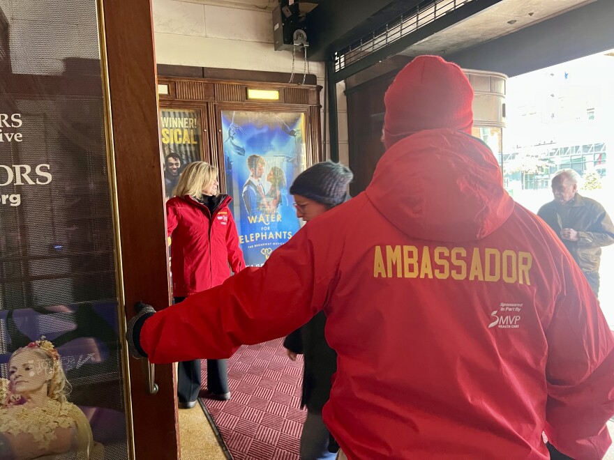 Schenectady ambassadors from the Downtown Ambassadors program opening the doors to Proctors Theater, welcoming theater goers on Jan. 8, 2026.
