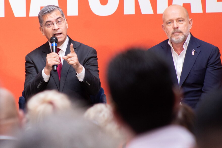 Gubernatorial candidates Democrat Xavier Becerra (left) and Republican Steve Hilton during a homeownership gubernatorial forum Thursday, March 5, 2026, in downtown Sacramento.