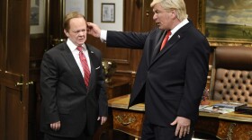 In this photo provided by NBC, Melissa McCarthy as White House Press Secretary Sean Spicer, left, and Alec Baldwin as President Donald Trump perform during "Spicer Returns" on the television show "Saturday Night Live," Saturday, May 13, 2017, in New York. (Will Heath/NBC via AP)