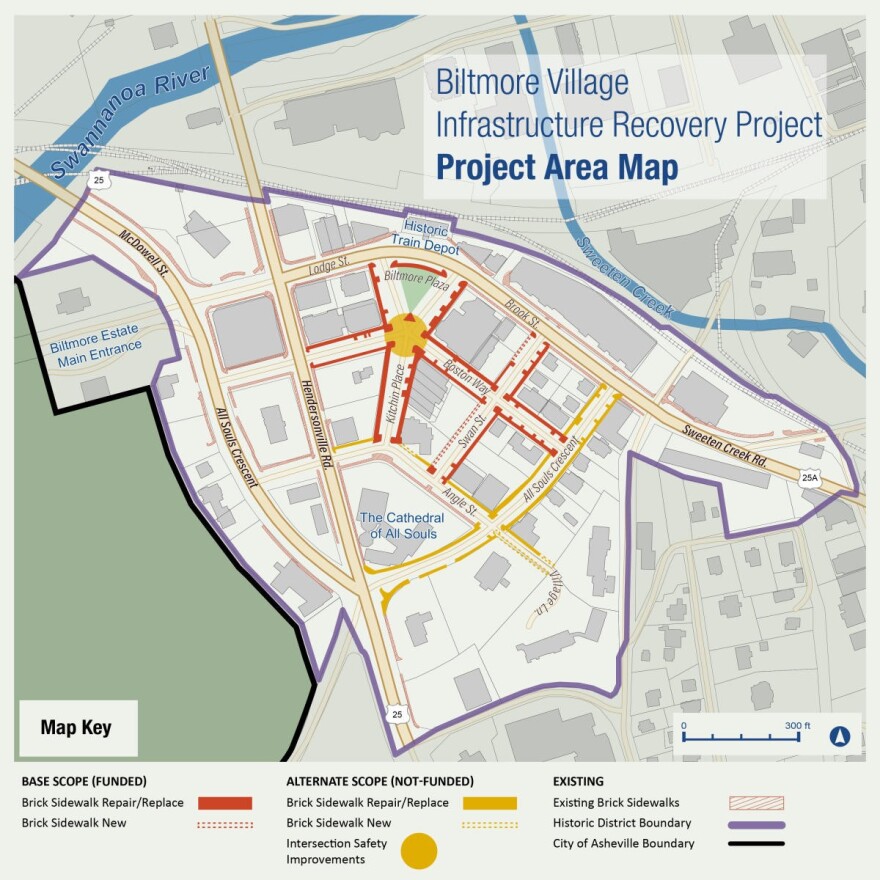 A map showing the city of Asheville's plans to repair and replace sidewalks and other pedestrian infrastructure in Biltmore Village.