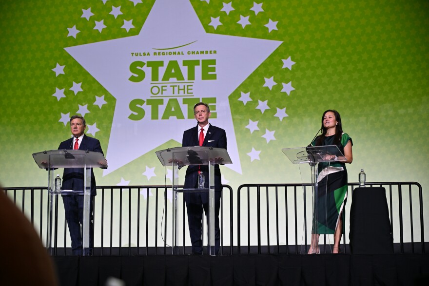 The two Republican candidates Attorney General Gentner Drummond (far left) and former Senator Mike Mazzei stand with Democratic candidate House Representative Cyndi Munson to answer questions as each vie for Oklahoma's next governor.