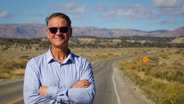 Price Mayor Michael Kourianos stands in front of the proposed site for a new reservoir that would benefit local city and farm water supplies, Oct. 1, 2025.