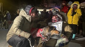 Yukon Quest Alaska 750 champion Josi Shelley poses with one of her lead dogs and husband J.J. after crossing the finish line Monday night at Pikes Landing in Fairbanks.