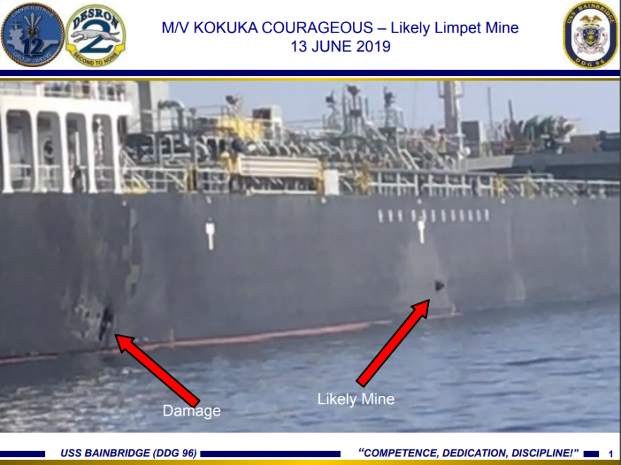 A photo released by U.S. Central Command allegedly shows damage to the tanker Kokuka Courageous from Iranian limpet mines.