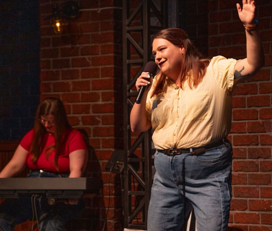 Sarah Durham performing improv number in Bowen's Lab in Sarasota.