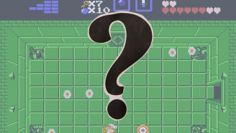 A screenshot of a green, gridded level of an adventure video game with a question mark in the foreground 
