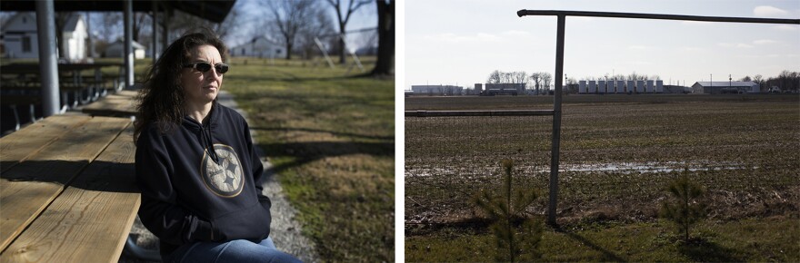 Left: Vicky Treffert sits at the park next door to her house. Right: From the park, oil tanks are visible across a field. (Jan. 24, 2017)