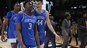 Kentucky guard Adou Thiero (3) and forward Zvonimir Ivisic (44) celebrate the team's 109-77 win against Vanderbilt after an NCAA college basketball game Tuesday, Feb. 6, 2024, in Nashville, Tenn. (AP Photo/George Walker IV)