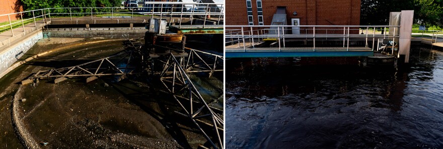 A drained vat (left) and one filled with water (right) are slowly churned on Tuesday, June 28, 2022, at the Bissell Point Water Treatment Plant in north St. Louis. Wastewater will sit in the area as debris sinks to the bottom of the vat and is scraped towards the center, where it is disposed of.