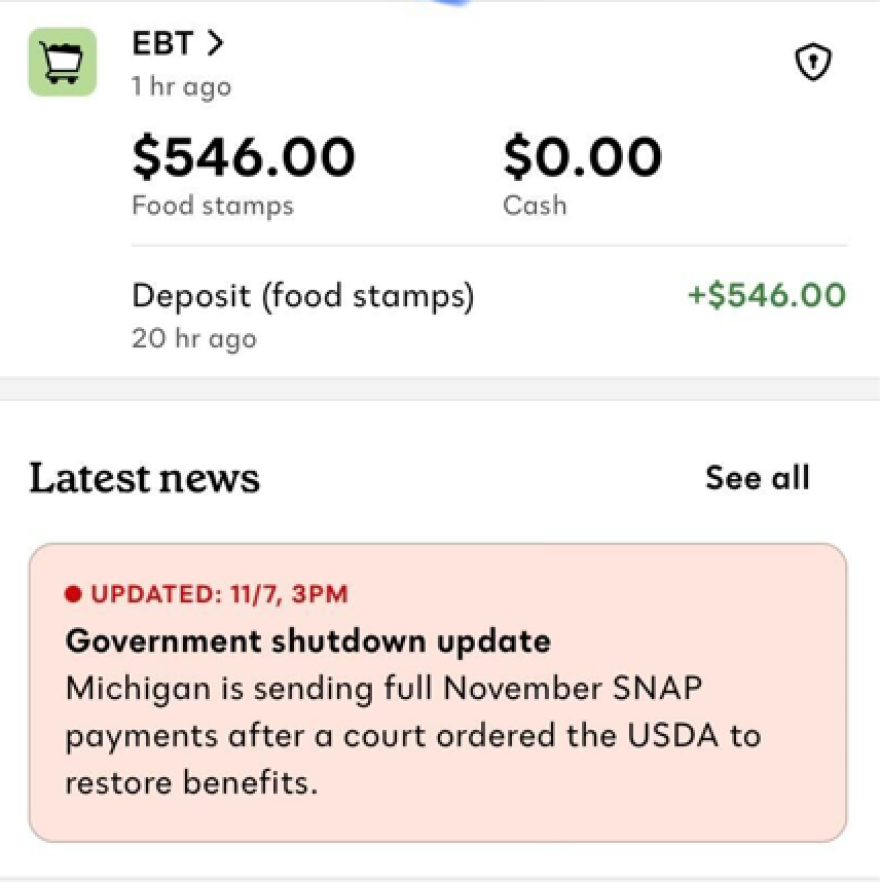 A screenshot shows a Michigan SNAP recipient's food stamp benefits deposited after a federal judge ordered the Trump administration to fully fund the program's November disbursements.