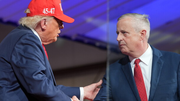 President Donald Trump greets North Carolina Republican U.S. Senate candidate Michael Whatley during a rally at Gastonia Municipal Airport, Wednesday, Sept. 16, 2026, in Gastonia, N.C.