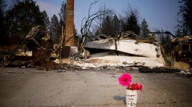 Paper cups with flowers are placed in front of a burned home in Spokane, Wash. on Aug. 6, 2026. People placed the flowers to express condolences for homes destroyed in the Old Trail Fire.
