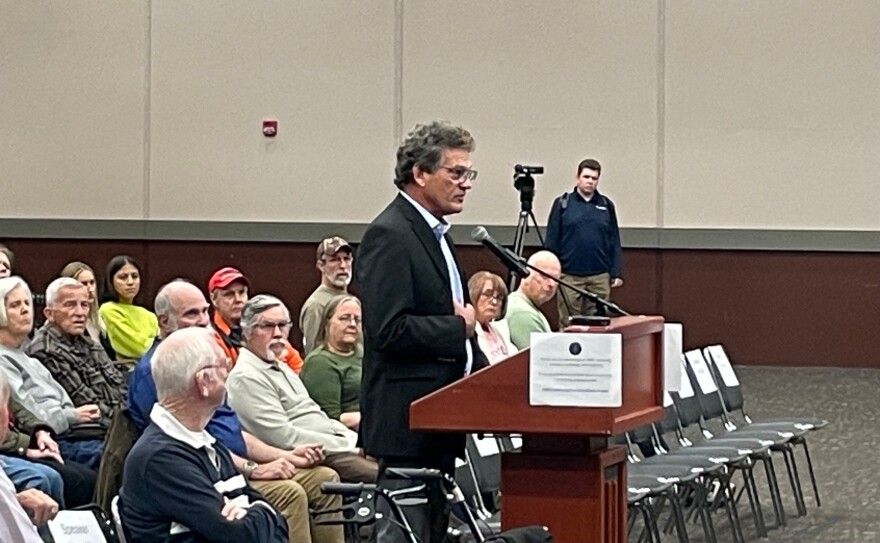 Vanderburgh County Commissioner Mike Goebel speaks at an IURC listening session in Evansville, IN, April 7, 2026