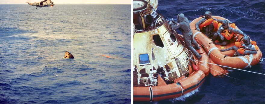 The Apollo 11 command module splashed down on July 24, 1969. (Left) A helicopter hovers over the inverted command module shortly after splashdown. (Right) Astronauts Neil Armstrong, Michael Collins and Buzz Aldrin await pickup from their life raft.