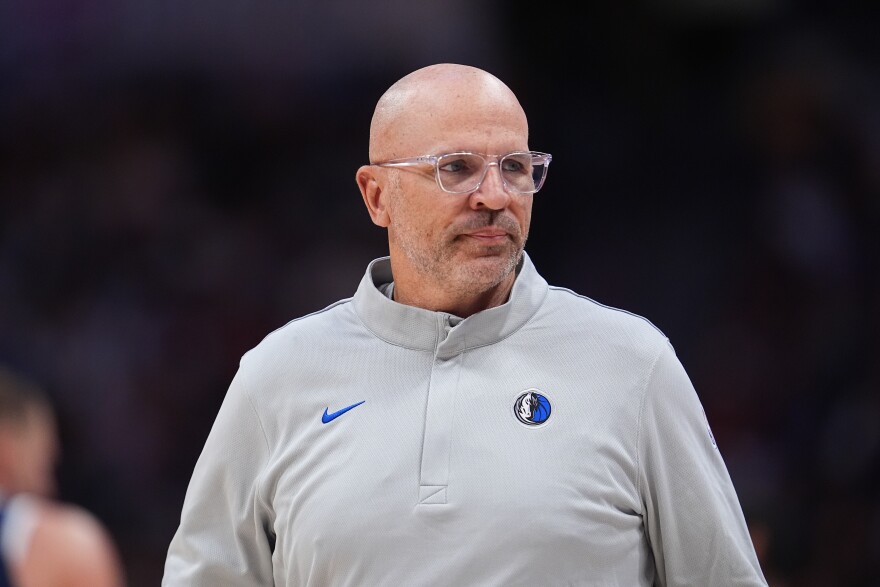 Dallas Mavericks head coach Jason Kidd is seen in the first half of an NBA basketball game, March 25, 2026, in Denver. 